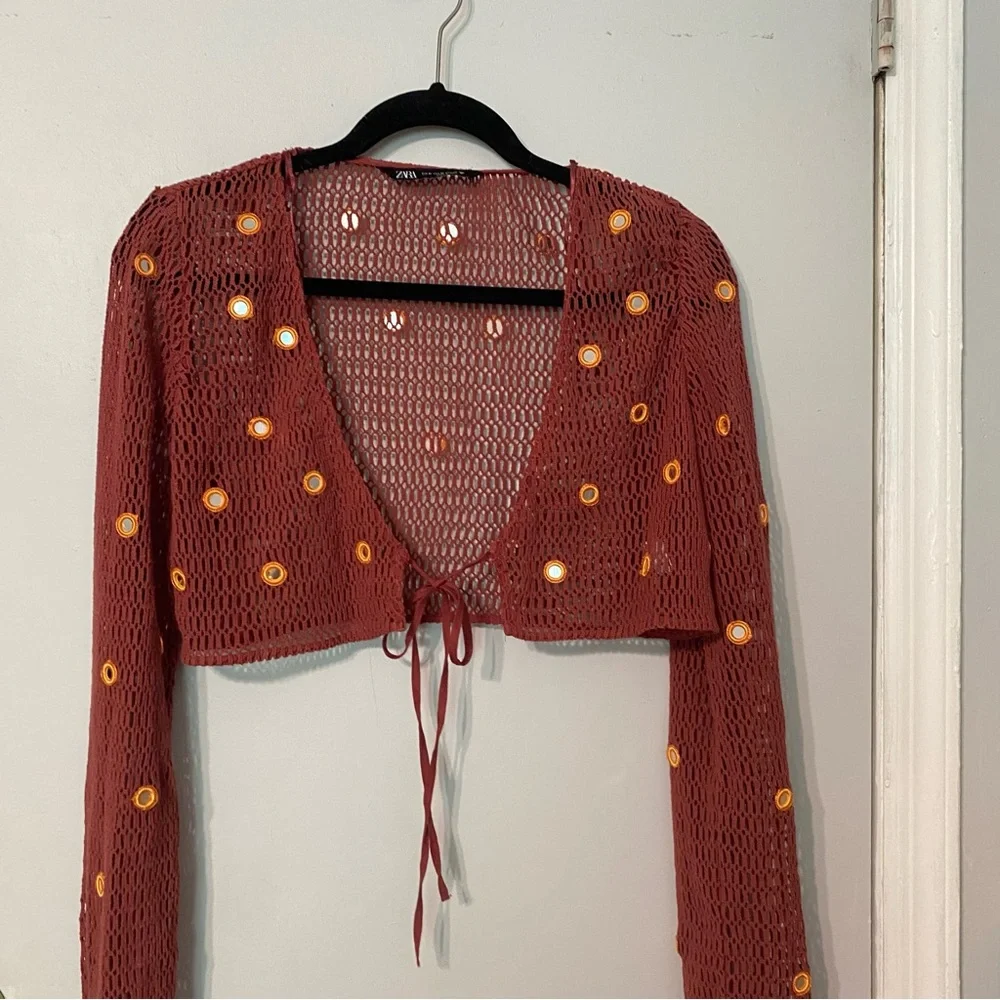 {Zara} Mesh Cropped Cardigan / Swim Cover With Mirror Details ~ Size Medium